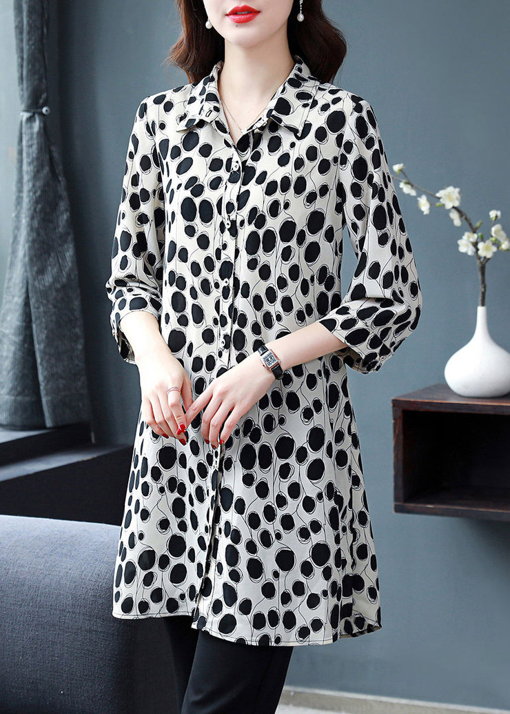 Women White Peter Pan Collar Button Dot Chiffon Shirt Tops Long sleeve