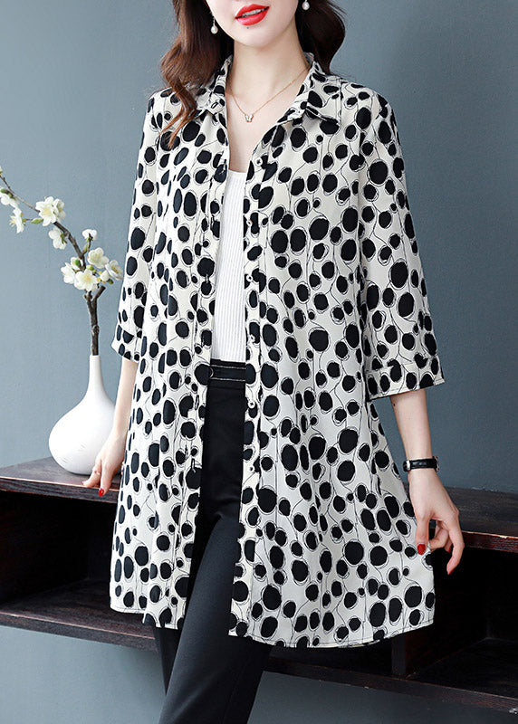 Women White Peter Pan Collar Button Dot Chiffon Shirt Tops Long sleeve