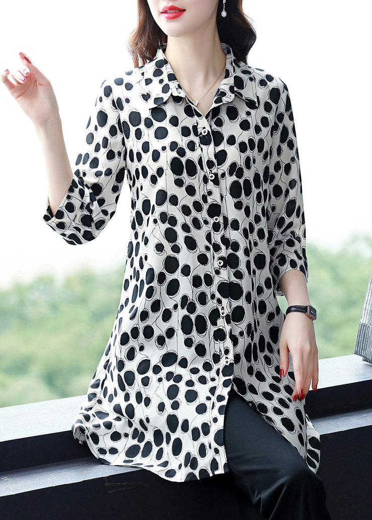 Women White Peter Pan Collar Button Dot Chiffon Shirt Tops Long sleeve