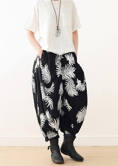 Women White Print Elastic Waist Cotton Pants - SooLinen