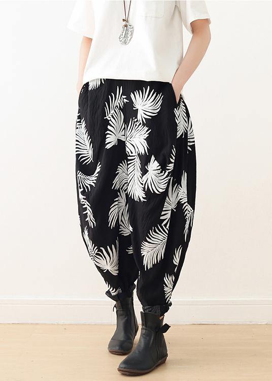 Women White Print Elastic Waist Cotton Pants - SooLinen