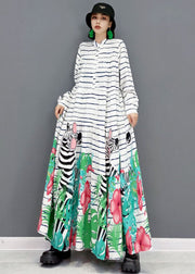 Women White Stand Collar Striped Print Cotton Party Long Dress Long Sleeve