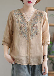 Women White V Neck Embroideried Linen Blouse Tops Half Sleeve