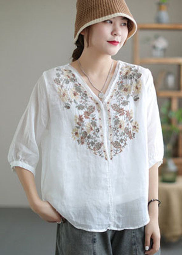 Women White V Neck Embroideried Linen Blouse Tops Half Sleeve