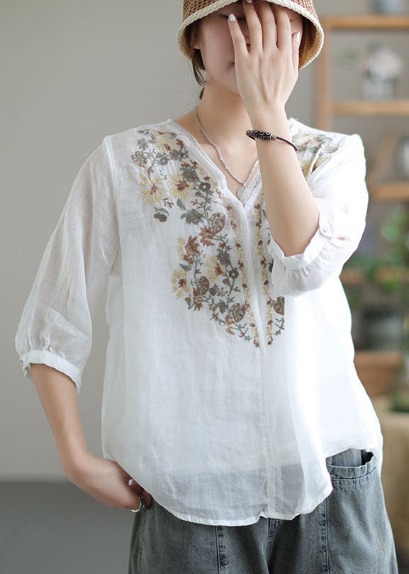 Women White V Neck Embroideried Linen Blouse Tops Half Sleeve