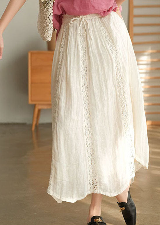 Women White tie waist lace Patchwork Linen Skirts Spring