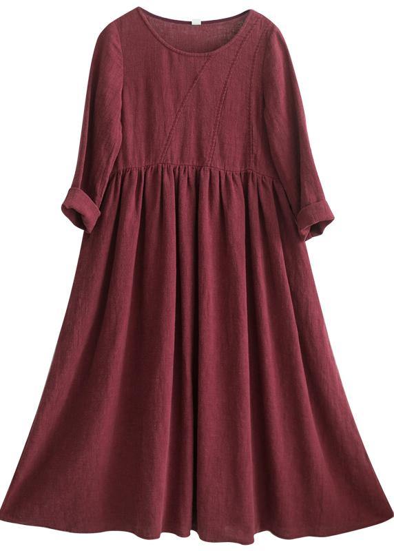 Women Wine red O-Neck Patchwork Spring Dresses - SooLinen