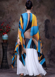 Women Yellow Blue Asymmetrical Design Print Chiffon Top Batwing Sleeve