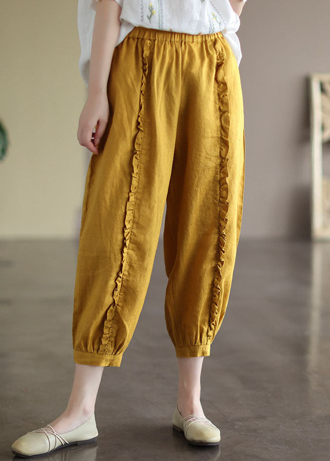 Women Yellow Elastic Waist Ruffled Pockets Linen Harem Pants Summer