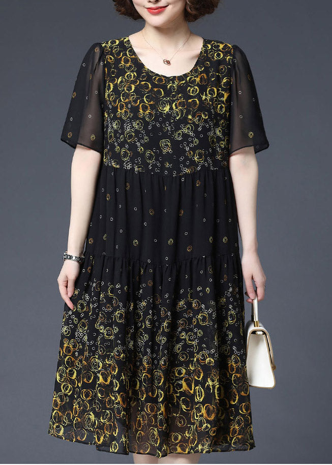 Women Yellow O-Neck Print wrinkled Chiffon Dress Short Sleeve