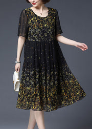 Women Yellow O-Neck Print wrinkled Chiffon Dress Short Sleeve