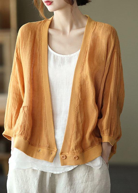 Women Yellow Patchwork Pockets Fall Button Long Sleeve Shirt Tops - SooLinen