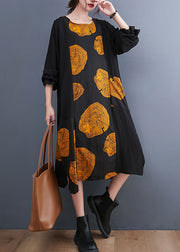 Women Yellow Patchwork Pockets Print Fall Dress Long sleeve