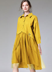 Women Yellow Patchwork Tulle Dress Fall