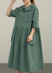 Women Yellow Peter Pan Collar Button Pockets Long Dresses Summer Cotton - SooLinen