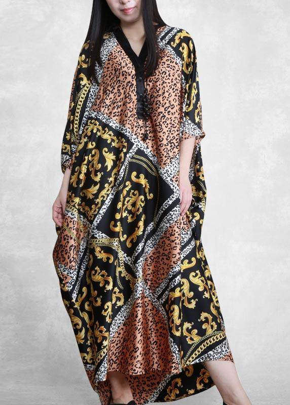 Women Yellow Print Dresses V Neck Batwing Sleeve Maxi Dresses - SooLinen