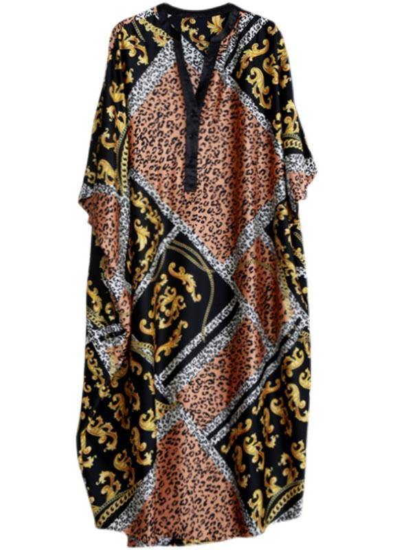 Women Yellow Print Dresses V Neck Batwing Sleeve Maxi Dresses - SooLinen