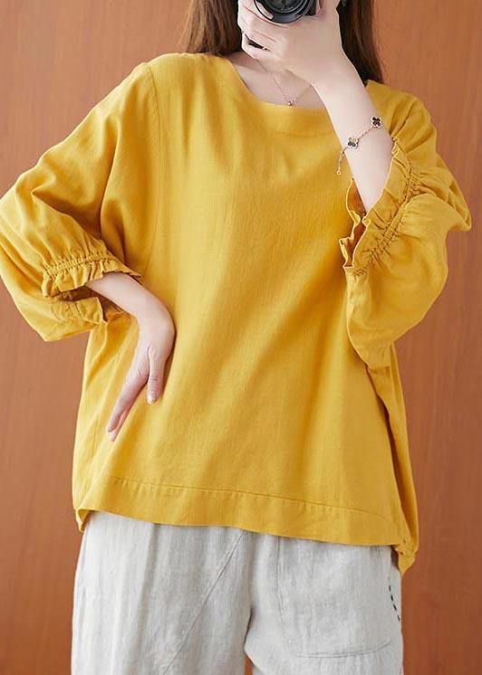 Women Yellow Ruffled Cotton Summer Shirt Top - SooLinen