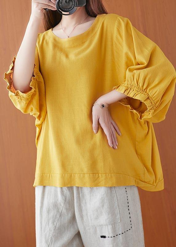 Women Yellow Ruffled Cotton Summer Shirt Top - SooLinen