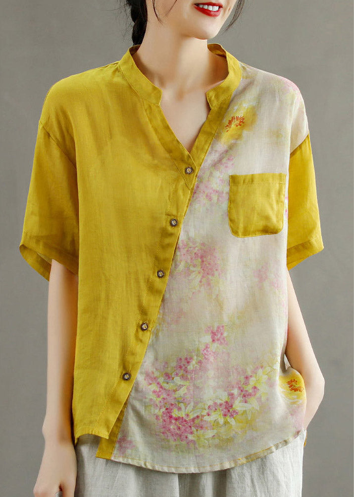 Women Yellow V Neck Asymmetrical Print Blouse Tops Short Sleeve