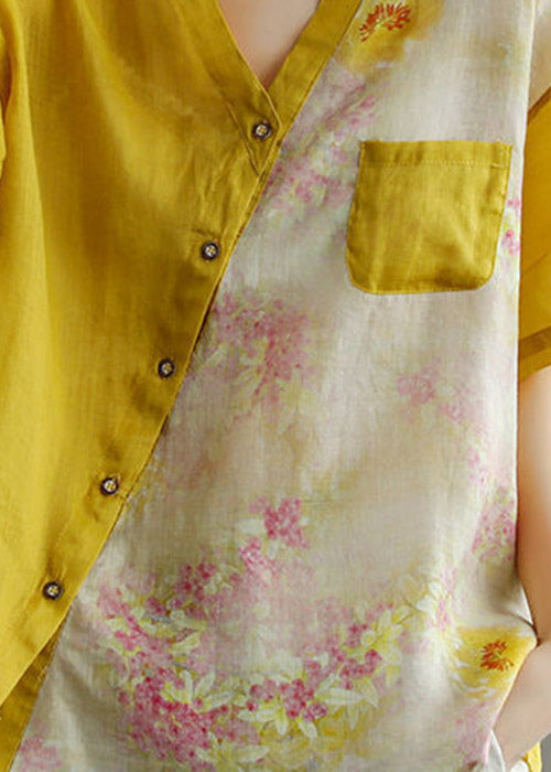 Women Yellow V Neck Asymmetrical Print Blouse Tops Short Sleeve