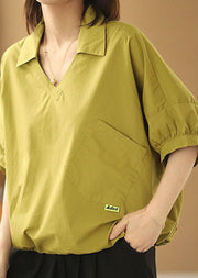 Women Yellow V Neck Patchwork Cotton Loose Shirt Tops Short Sleeve