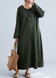 Women army green cotton dress o neck jacquard Robe fall Dresses - SooLinen