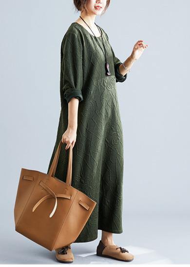 Women army green cotton dress o neck jacquard Robe fall Dresses - SooLinen