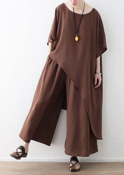 Women Asymmetric Hem Chiffon Box Top Work Brown Tunic Blouse Summer - SooLinen