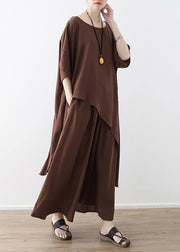 Women Asymmetric Hem Chiffon Box Top Work Brown Tunic Blouse Summer - SooLinen