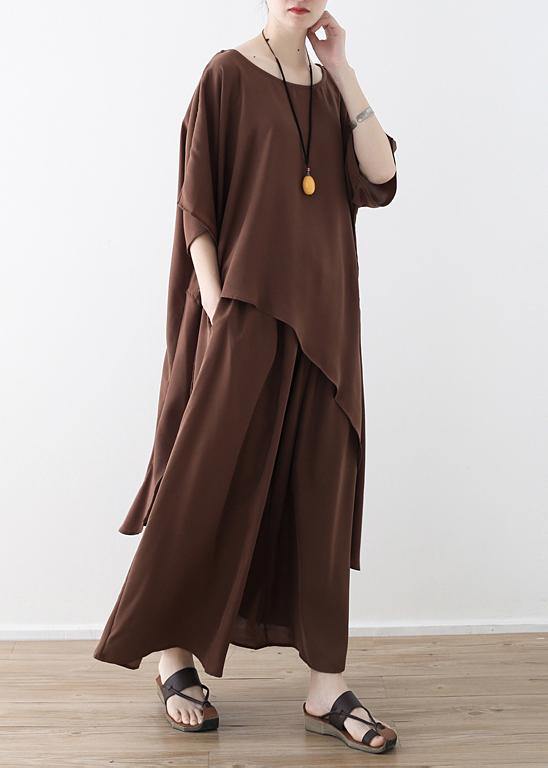 Women Asymmetric Hem Chiffon Box Top Work Brown Tunic Blouse Summer - SooLinen