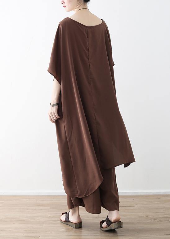 Women Asymmetric Hem Chiffon Box Top Work Brown Tunic Blouse Summer - SooLinen