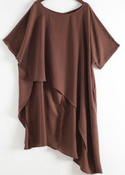 Women Asymmetric Hem Chiffon Box Top Work Brown Tunic Blouse Summer - SooLinen