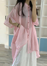 Women asymmetric hem linen clothes Christmas Gifts pink stand collar shirt Dresses - SooLinen