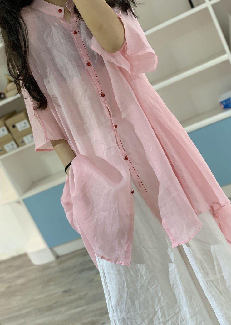 Women asymmetric hem linen clothes Christmas Gifts pink stand collar shirt Dresses - SooLinen