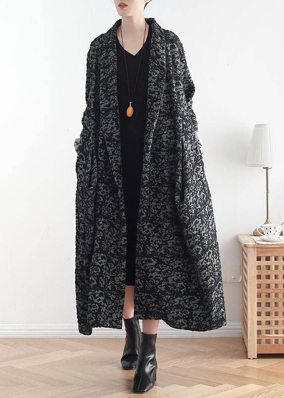 Women asymmetric fine clothes dark gray jacquard Midi coats - SooLinen