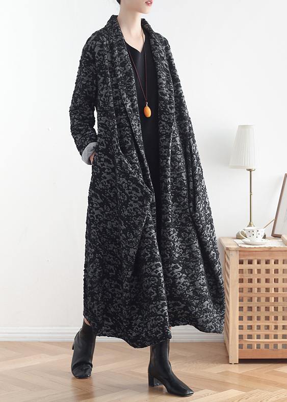 Women asymmetric fine clothes dark gray jacquard Midi coats - SooLinen