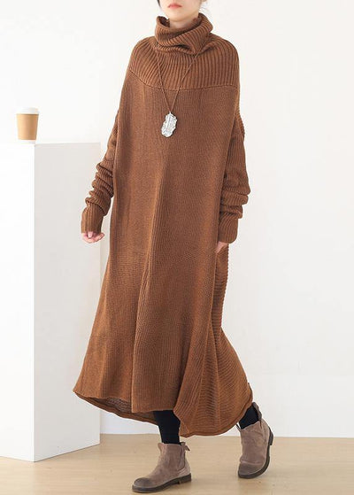 Women back open Sweater high neck dress outfit plus size drak brown daily knit dresses - SooLinen