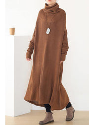 Women back open Sweater high neck dress outfit plus size drak brown daily knit dresses - SooLinen