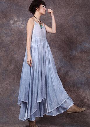 Women big hem linen clothes Tunic Tops blue sleeveless Dress summer - SooLinen