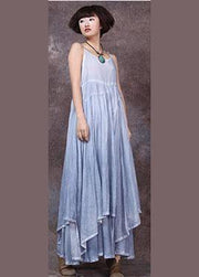 Women big hem linen clothes Tunic Tops blue sleeveless Dress summer - SooLinen