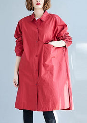 Women big pockets Cotton red long sleeve shirt Dresses fall - SooLinen