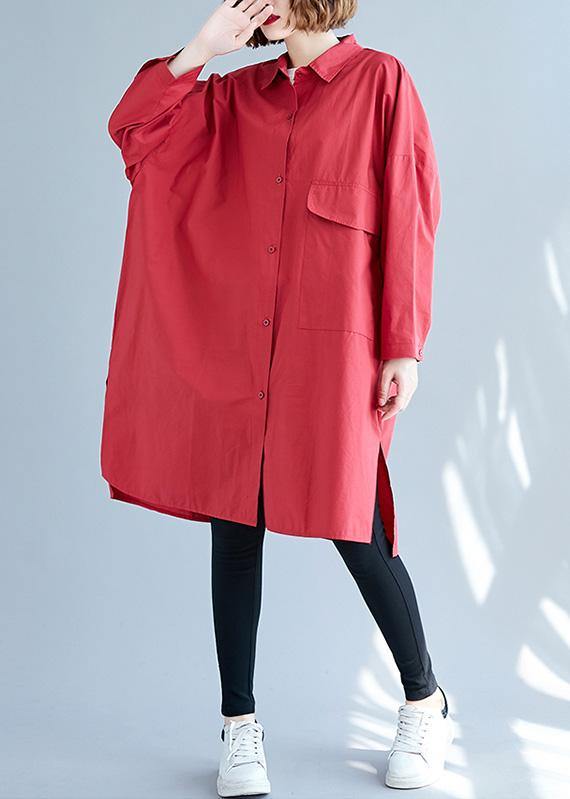 Women big pockets Cotton red long sleeve shirt Dresses fall - SooLinen