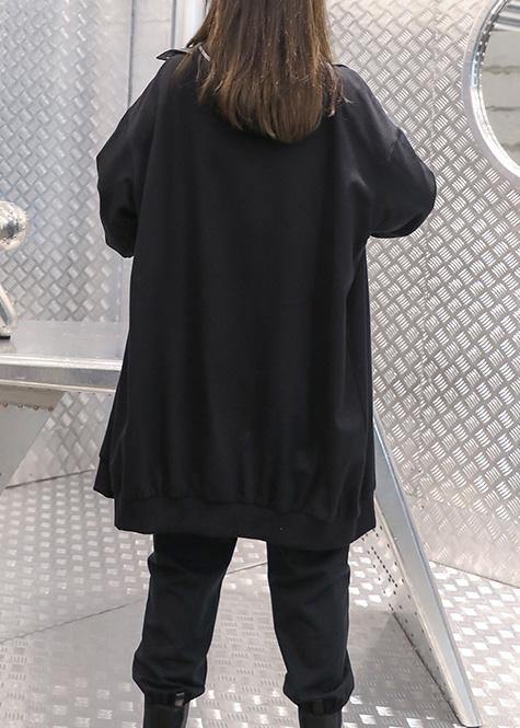 Women black Plus Size coat for woman Sleeve Stand zippered fall jackets - SooLinen