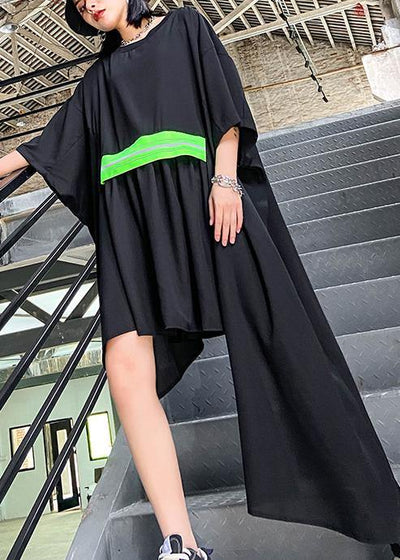 Women black clothes o neck asymmetric Art Dresses - SooLinen