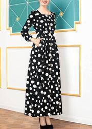 Women black cotton clothes winter big hem dotted Dresses - SooLinen