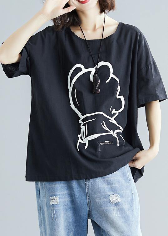 Women black cotton crane tops short sleeve Art summer blouses - SooLinen