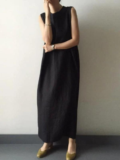 Women black cotton linen Robes o neck side open cotton robes Dresses - SooLinen