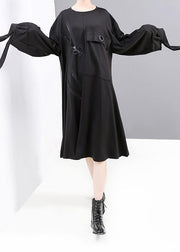 Women black cotton tunic pattern big pockets long zippered Dresses - SooLinen