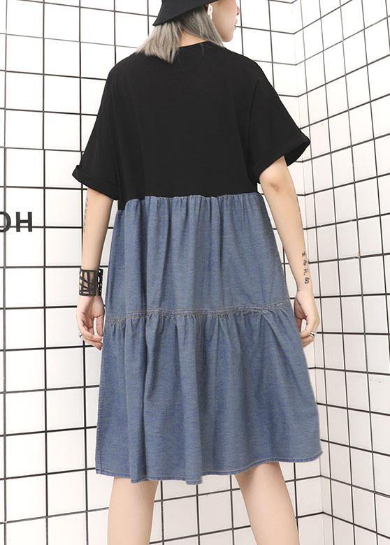 Women black high waist cotton Tunics patchwork Robe summer Dress - SooLinen